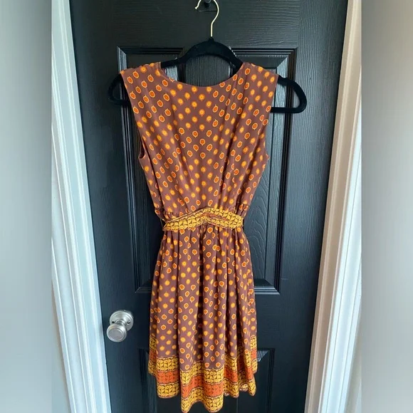 Anthropologie Anna Sui Silk Wrap Dress Brown Geometric Art Nouveau Boho-Size S - Picture 8 of 8